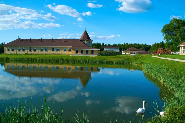 large house near the lake with swans.beautiful house in nature against the blue sky.