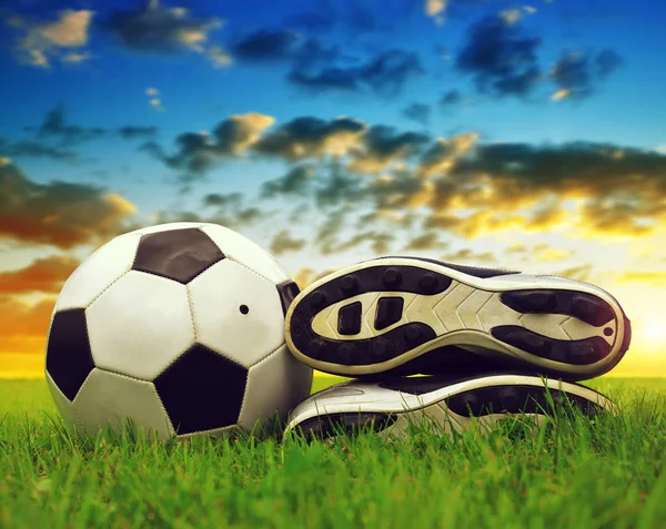 Soccer Ball Shoes Football Playground Sunset — Stock Photo, Image