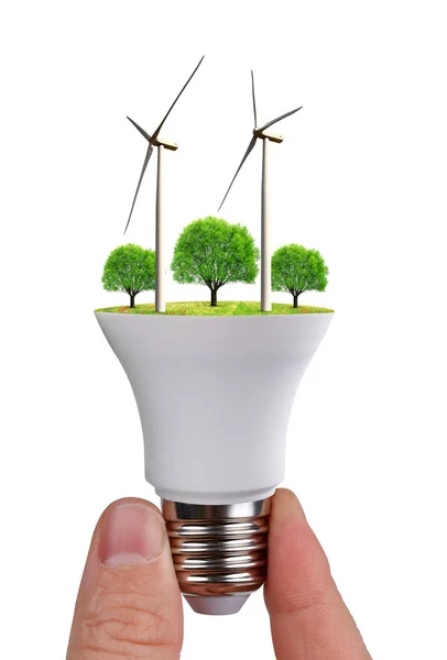 Led 灯泡与风力涡轮机在手隔绝白色背景 绿色能源理念 — 图库照片