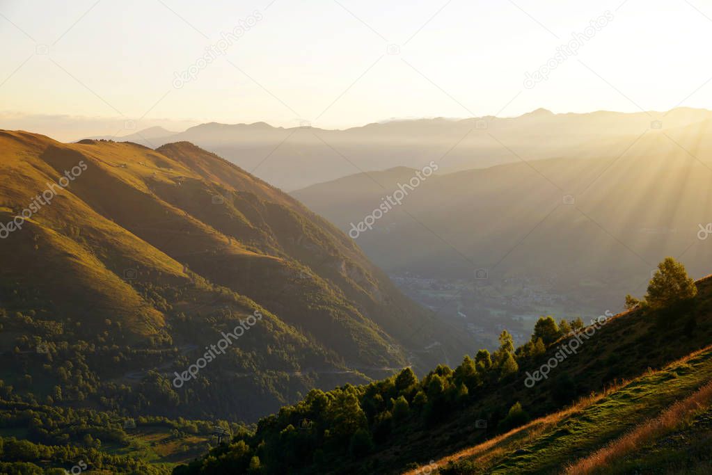 Pyrenees mountain at sunrise. View from Pla d'Adet, France.