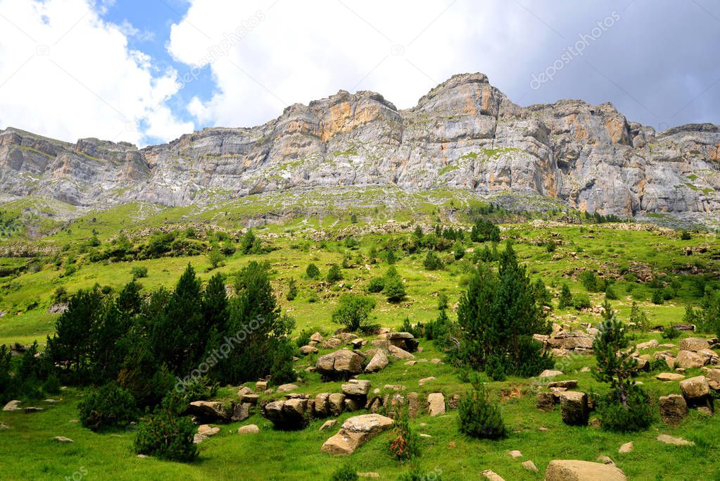 Mountain landscape in Ordesa y Monte Perdido National park, Huesca, Aragon, Spain.