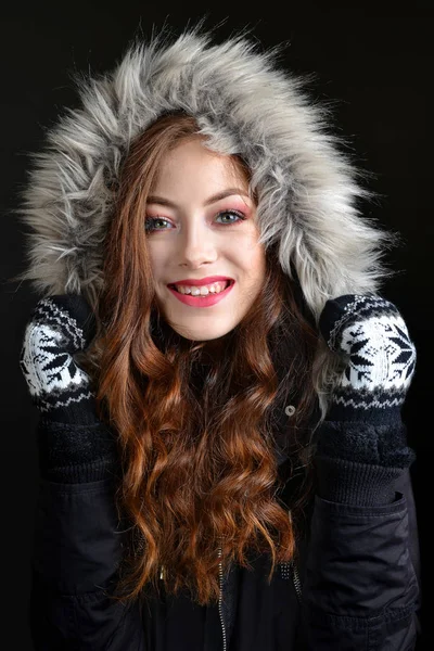 Winter Portrait Young Beautiful Caucasian Woman Dark Background — Stock Photo, Image