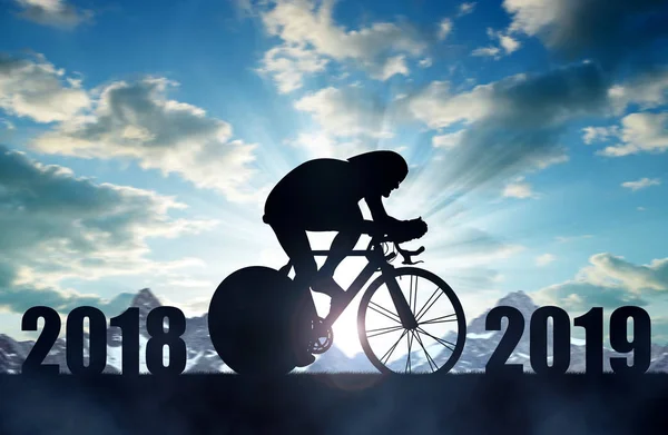 Cyclist Ride Road Bicycle Sunset Forward New Year 2019 — Stock Photo, Image