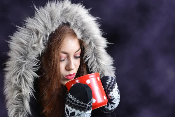 Caucasian Girl Winter Jacket Drinking Hot Tea Red Cup Dark — Stock Photo, Image