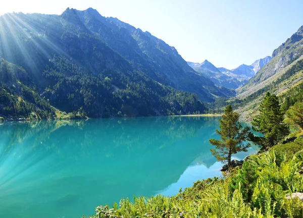 Gaube Sjö Pyrenéernas Nationalpark Frankrike Sommar Bergslandskap Vid Soluppgången — Stockfoto