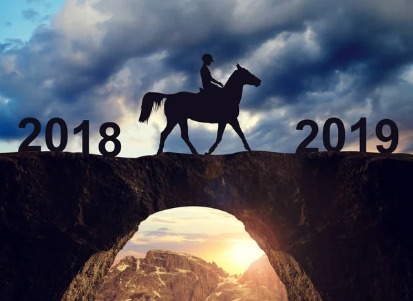 Silhouette Horse Rider Riding Bridge New Year 2019 — Stock Photo, Image