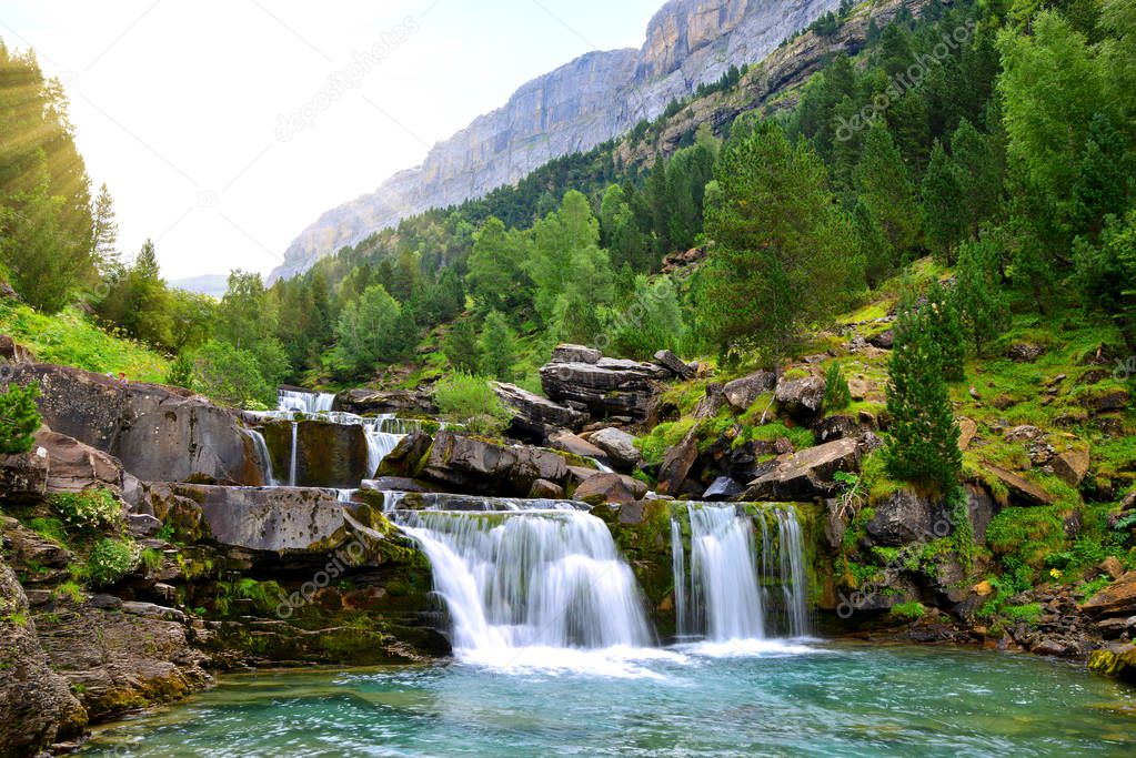 Waterfall in Ordesa and Monte Perdido National Park.  Pyrenees mountain. Province of Huesca, Spain.