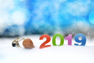 Mantar tıpa, şampanya ile sayı 2019 karda. Mutlu yeni yıl kavramı.