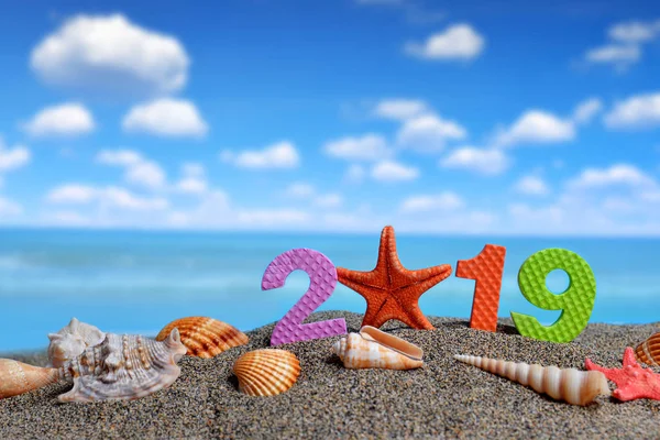 Номер 2019 Морская Раковина Песчаном Пляже Новым Годом Летним Отпуском — стоковое фото
