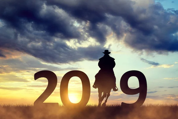 Silhuetten Cowboy Rider Häst Solnedgången Fram Emot Det Nya Året — Stockfoto