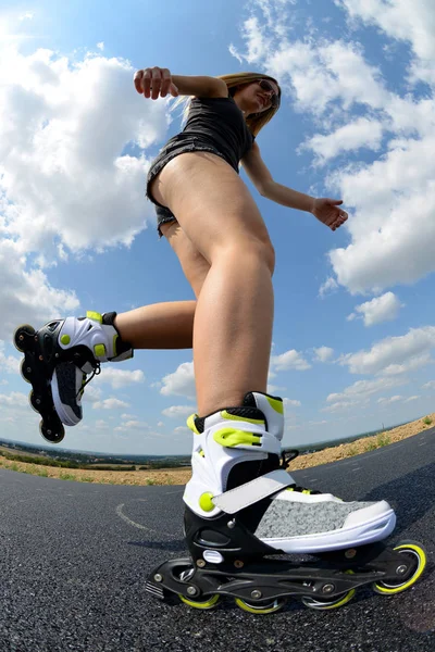 Teenage Girl Roller Skates Inline Skating Road — Stock Photo, Image