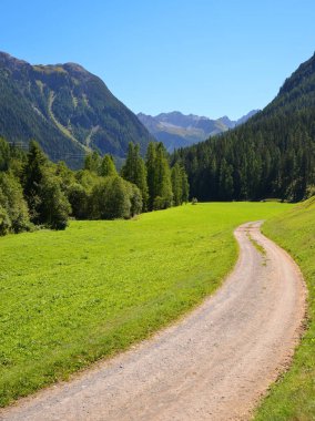 Dağ manzarasında yürüyüş parkuru. Canton Graubunden, İsviçre.