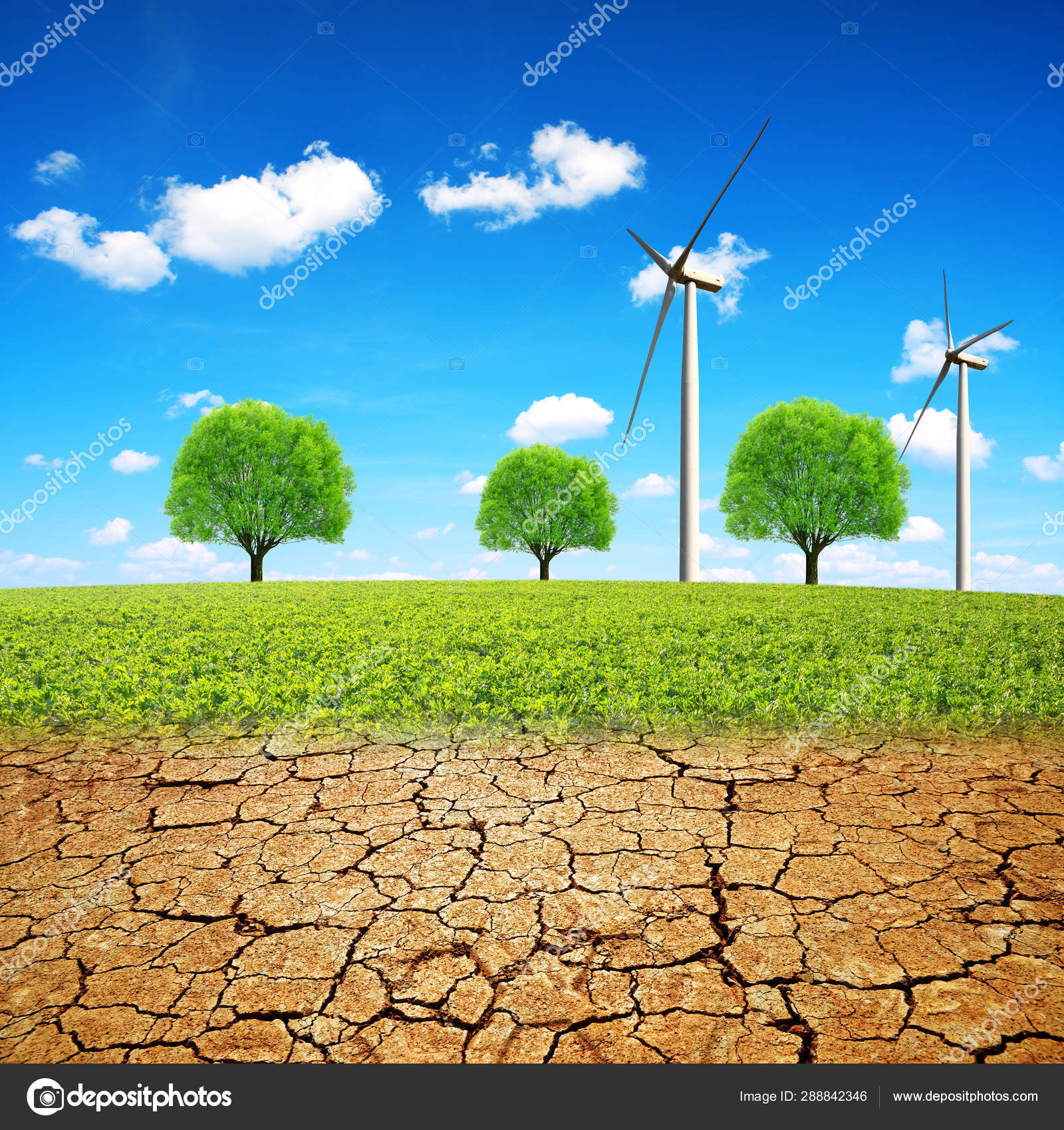 Wind Turbines Meadow Dry Country Cracked Soil Concept Change Climate Stock by 288842346