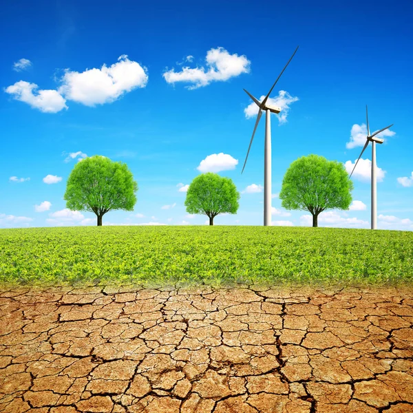 Windräder Auf Wiesen Und Trockenen Flächen Mit Rissigem Boden Konzept — Stockfoto