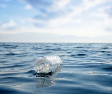 Plastik şişe okyanusta yüzüyor. Kirlilik kavramı.