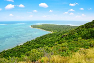Mauritius adasının güneyindeki Le Morne Brabant dağının manzarası. Hint okyanusu.
