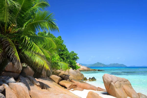 Costa Com Grandes Pedras Granito Ilha Tropical Digue Anse Praia — Fotografia de Stock