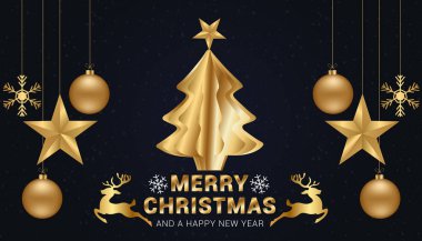 Zarif mutlu noeller vektör illüstrasyonu, tipografi tasarımı ve tatil dekorasyon unsurları. 