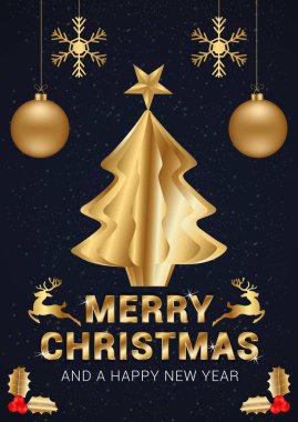 Zarif mutlu noeller vektör illüstrasyonu, tipografi tasarımı ve tatil dekorasyon unsurları. 