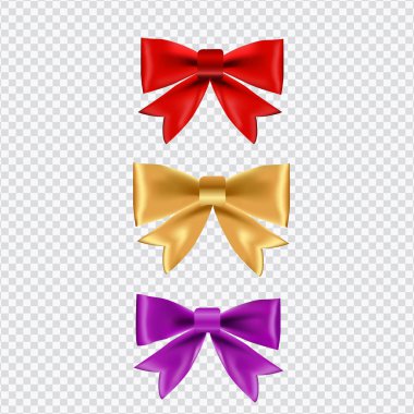 Parlak kurdele kırmızı, altın ve mor renkte vektör illüstrasyonunu gösteriyor. Şeffaf bir arkaplanda izole edilmiş