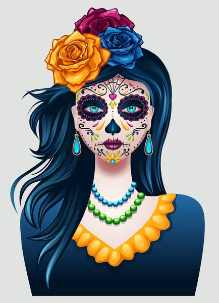Dia Los Muertos Pintura Facial Menina Holliday Mexicano Desenho Ilustração — Vetor de Stock