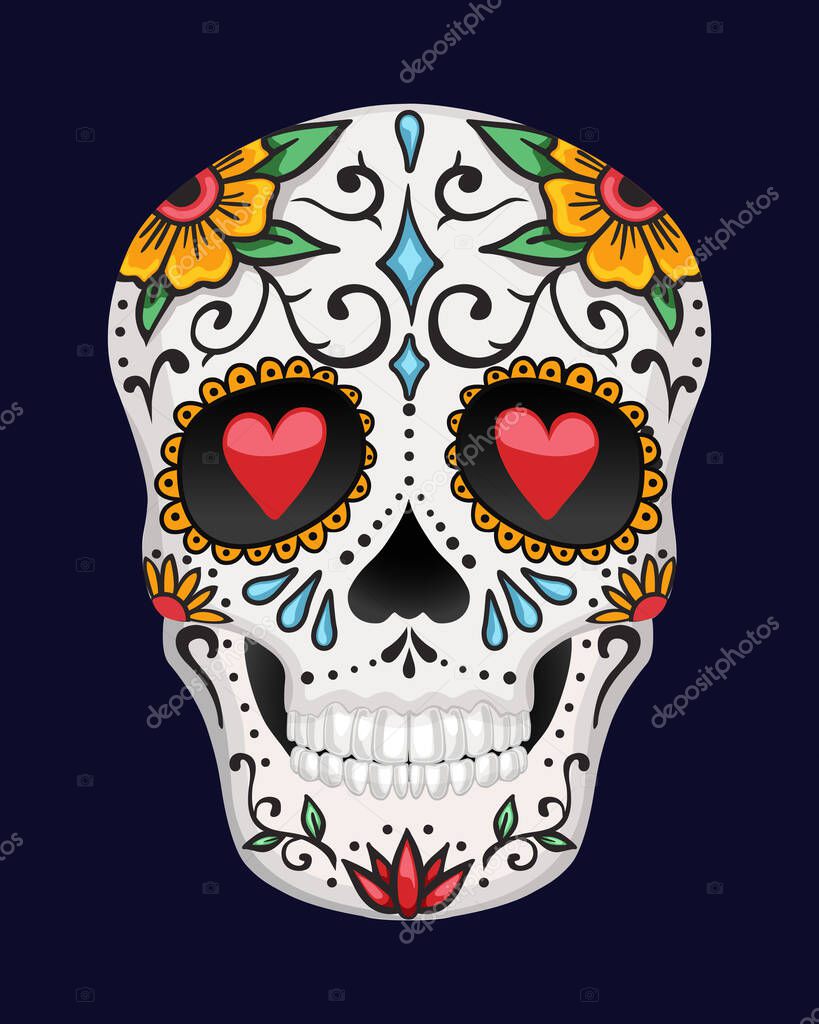 Vector illustration of an ornately decorated Day of the Dead sugar skull.