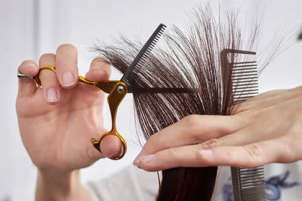 Primer plano de una peluquera cortando el pelo de una mujer . — Foto de Stock