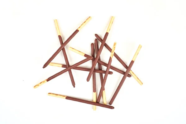 Biscuit sticks in chocolate coating on white background. Chocolate, cookies, biscuits coated bar. — Stock Photo, Image