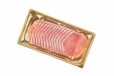 Altın tepside İtalyan jambonu ya da jamonu. Beyaz arka planda izole edilmiş. Çiğ jambon.