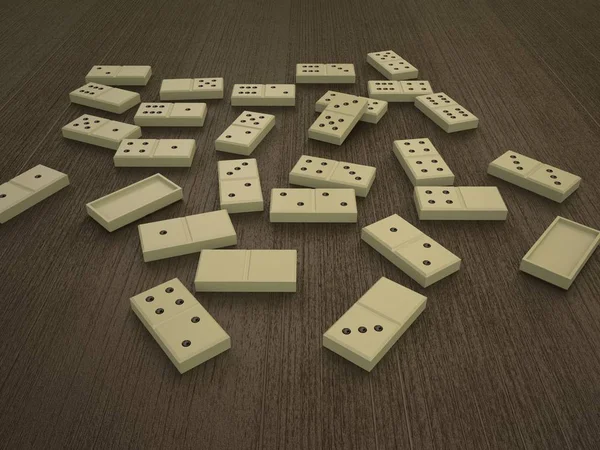 Playing dominoes on a wooden table. Dominoes game concept. 3D render illustration. — Stock Photo, Image