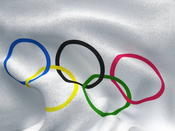 Textura de tela con la imagen de la bandera de los Juegos Olímpicos, ondeando en el viento, ilustración de renderizado 3D . —  Fotos de Stock