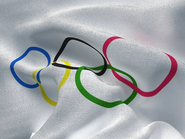 Textur aus Stoff mit dem Bild der Flagge der Olympischen Spiele, im Wind winkend, 3D-Darstellung. — Stockfoto