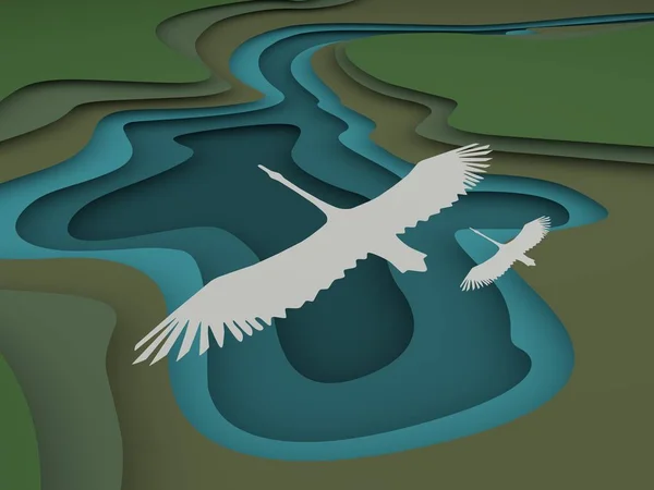 3D χαρτί κόψτε στυλ τοπογραφική τοπίο. Ξυλογλυπτική τέχνη λίμνη με ιπτάμενα πτηνά, κάτοψη, 3d rendering εικονογράφηση. — Φωτογραφία Αρχείου