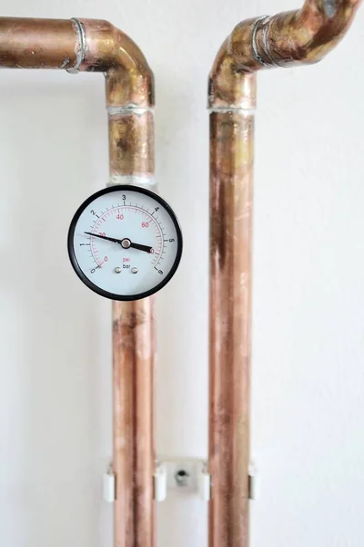 Fecho Manómetro Ligado Tubo Aquecimento Cobre — Fotografia de Stock