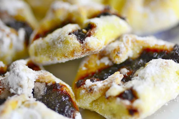 Macro Shot Traditional Czech Cakes Sprinkled Sugar Stuffed Plum Jam — Stock Photo, Image