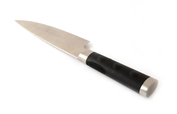 Sharp Stainless Steel Chef Knife Black Handle White Background — Stock Photo, Image