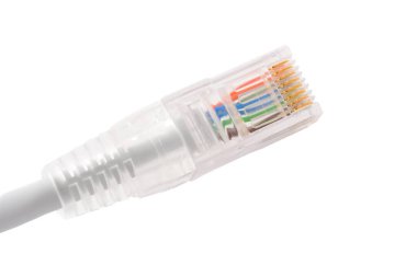 Beyaz arkaplan üzerinde izole LAN bağlantısı için yama kablosunun rj45 bağlantısının kapatılması.