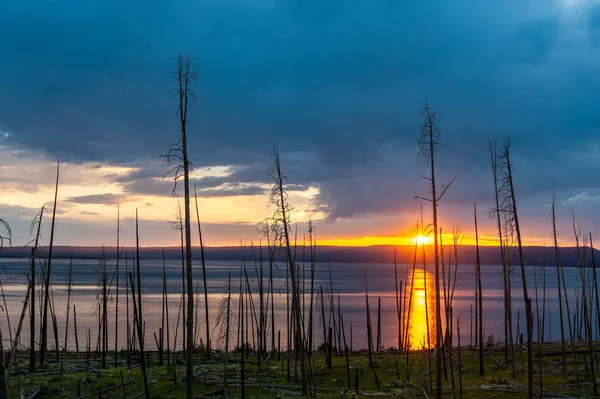 Yellowstone-järvi auringonlaskun aikaan — kuvapankkivalokuva