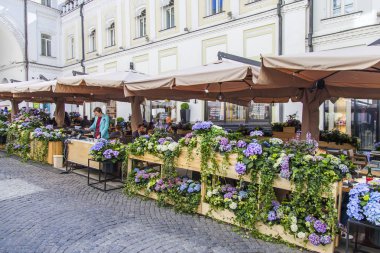 Moskova, Rusya, üzerinde 10 Mayıs 2018. Bir alışveriş sokak Tretyakovsky sürücüsündeki çiçek açması ortancaları süslenmiş pitoresk sokak Cafe