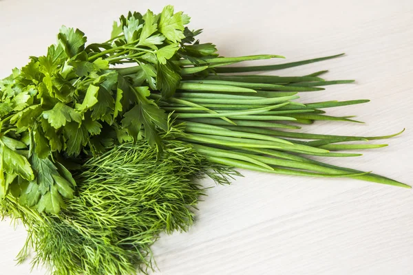 Bunch of fresh appetizing green onions, fennel and parsley