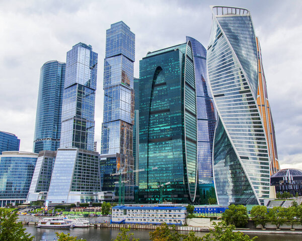 Moscow, Russia, on July 3, 2018. Urban view. Skyscrapers Moscow city against the background of the cloudy sky