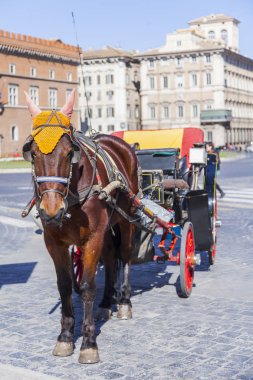 11 Mart 2017 tarihinde, Roma, İtalya. Şehrin tarihi bir parçası turist at araç bekliyor. 