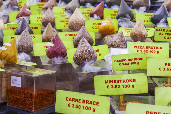 ROME, ITALY, on March 11, 2017. Typical Italian spices and seasonings are laid out on market counters at Campo Di Fiori Square