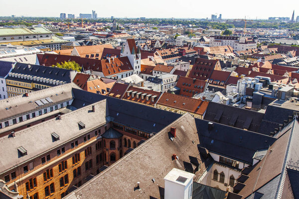 Munich, Germany, on August 16, 2018. A view of Alstadt and city roofs from the survey platform of the New Town hall
