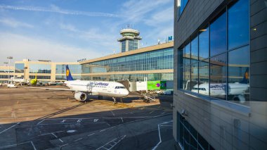 Moskova, Rusya, Tarih 15 Ağustos 2018. Ön kontrol hizmetinde Domodedovo Uluslararası Havaalanı Uçak geçer