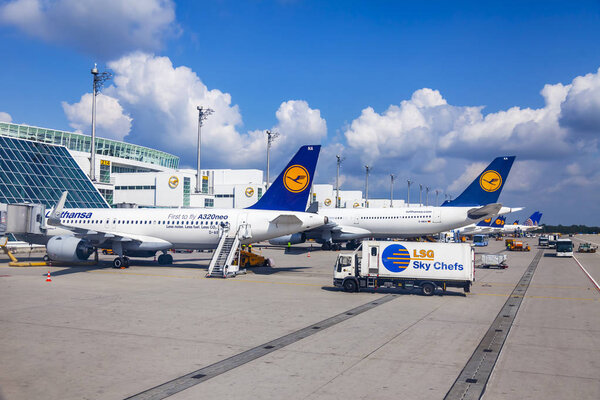 Munich, Germany, on August 15, 2018. The plane undergoes preflight service in the international airport