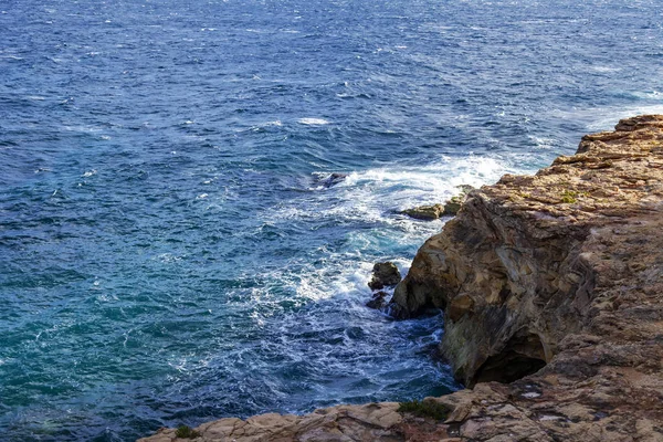 Picturesque Sea Waves Foam Rocky Coast Mediterranean Sea Lit Dawn — Stock Photo, Image