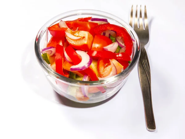 Ensalada Verduras Frescas Sabrosas Tazón Transparente — Foto de Stock