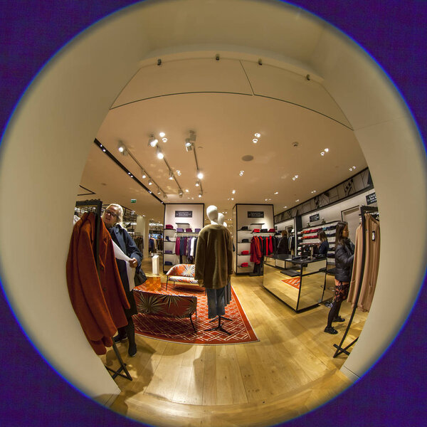 PARIS, FRANCE, on OCTOBER 26, 2018. Interior of the trading floor of Le Bon Marche Rive Gauche, oldest Parisian department store. Fish-eye view
