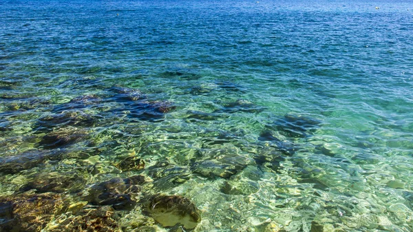 Transparent sea water and stones at the bottom, background